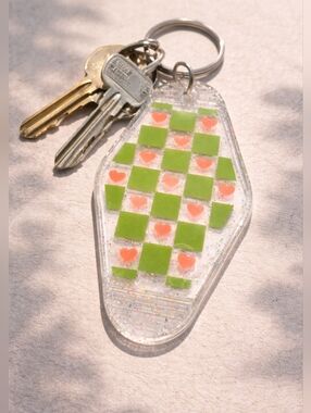 Green Pink Checkered Heart Keychain Glitter UV Resin Handmade Cute Gift